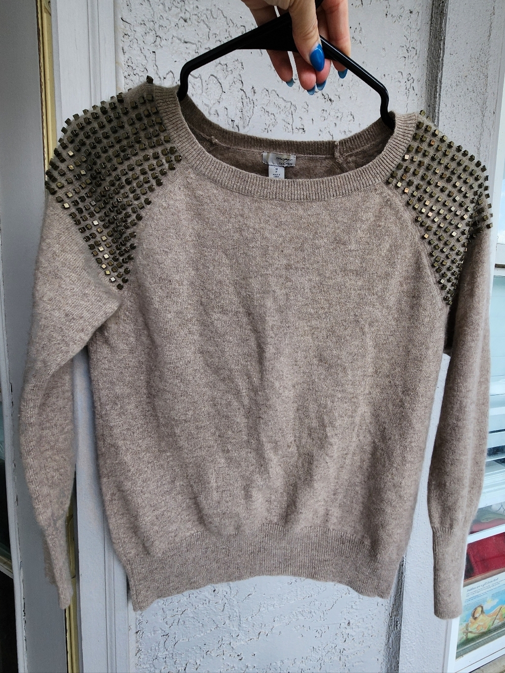 Halogen Beige Soft Brown 100% Cashmere Sweater with Gold Studded Shoulders B12
